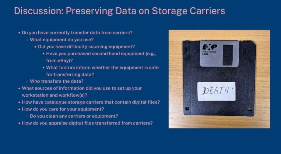 Screen capture of slide from presentation about preserving data on storage carriers.