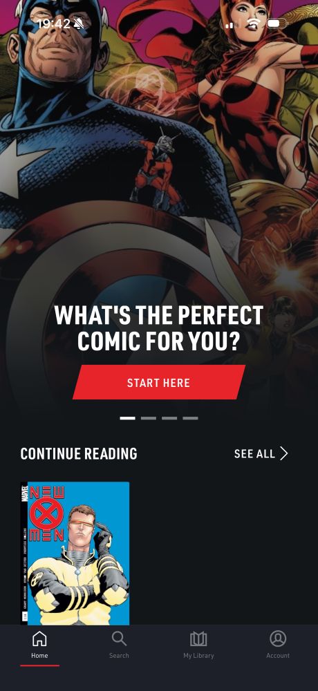 The home screen of Marvel Unlimited showing that I’m currently reading New X-Men from 2001. 