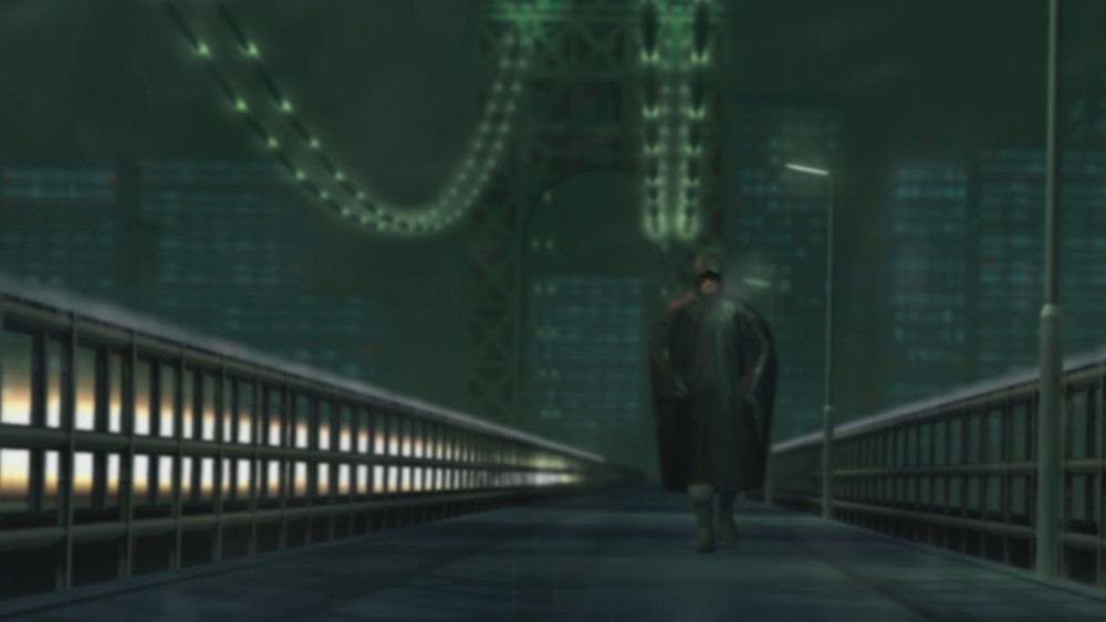 A still from the opening scene of Metal Gear Solid 2, Solid Snake is wearing a sick cagoule in the rain and is about to jump off a bridge in New York.