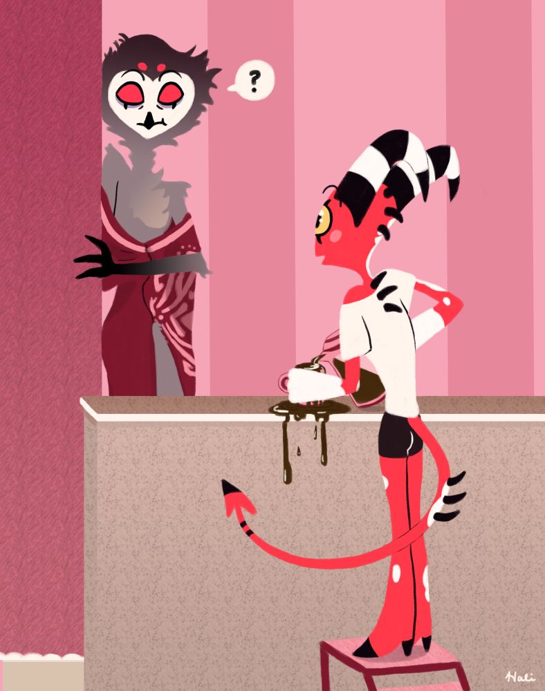 Digital art from the same scenario, but now we see Blitz’s full body from behind the counter where he is standing on a step stool. He’s looking in awe at Stolas and is spilling his coffee as he’s too distracted and let it overflow. Stolas is still leaning against the wall but the lower half of his body is covered by the counter now due to the new angle. He has a perplexed expression on his face accompanied by a little question mark next to him, as if he doesn’t understand why Blitz is so enamored. 