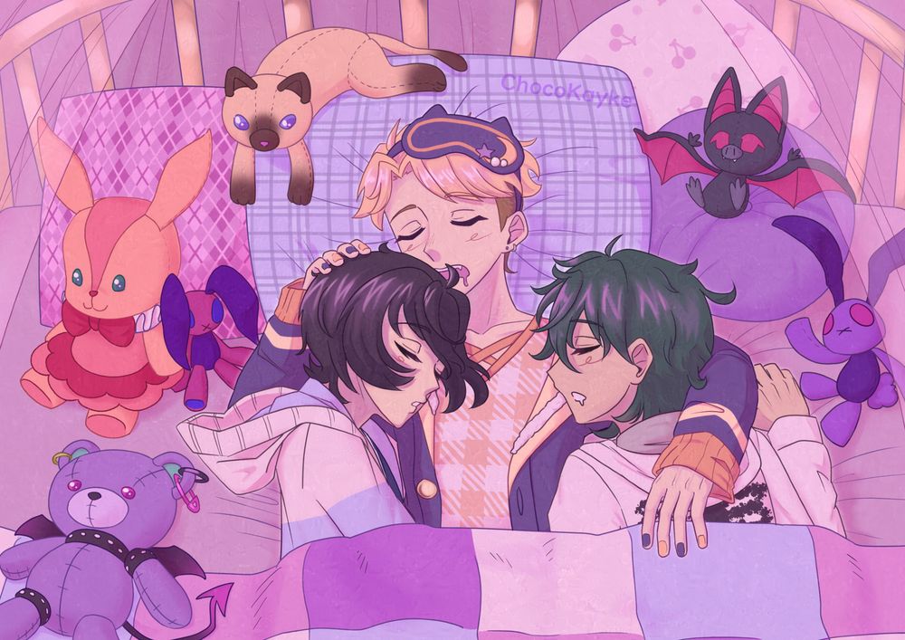 A digital drawing of Ritsu, Arashi, and Mika from Ensemble Stars in an anime art style. They are sleeping on a bed together while cuddling and surrounded by plushies. The image has a pink hue to it.