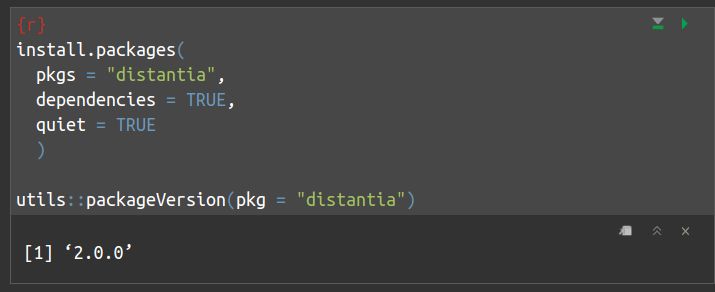 Snapshot of R code showing the install of the R package distantia via the command install.packages(), and the version of the newly installed package as printed by the command packageVersion().