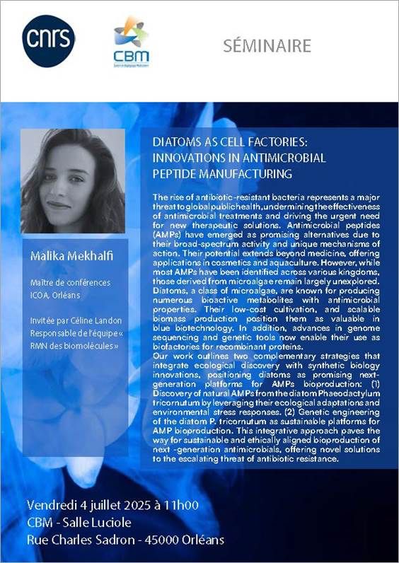 Flyer announcing a scientific seminar of Malika Mekhalfi with logos and a picture of the seminarist