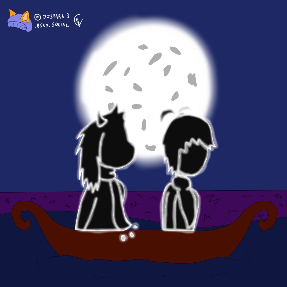 Kris and Ralsei sharing a boat ride under the moonlight together