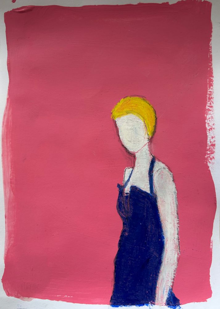 eine kleine Acrylskizze, Frau mit blauem Badeanzug und gelber Badekappe vor pinkem Hintergrund 