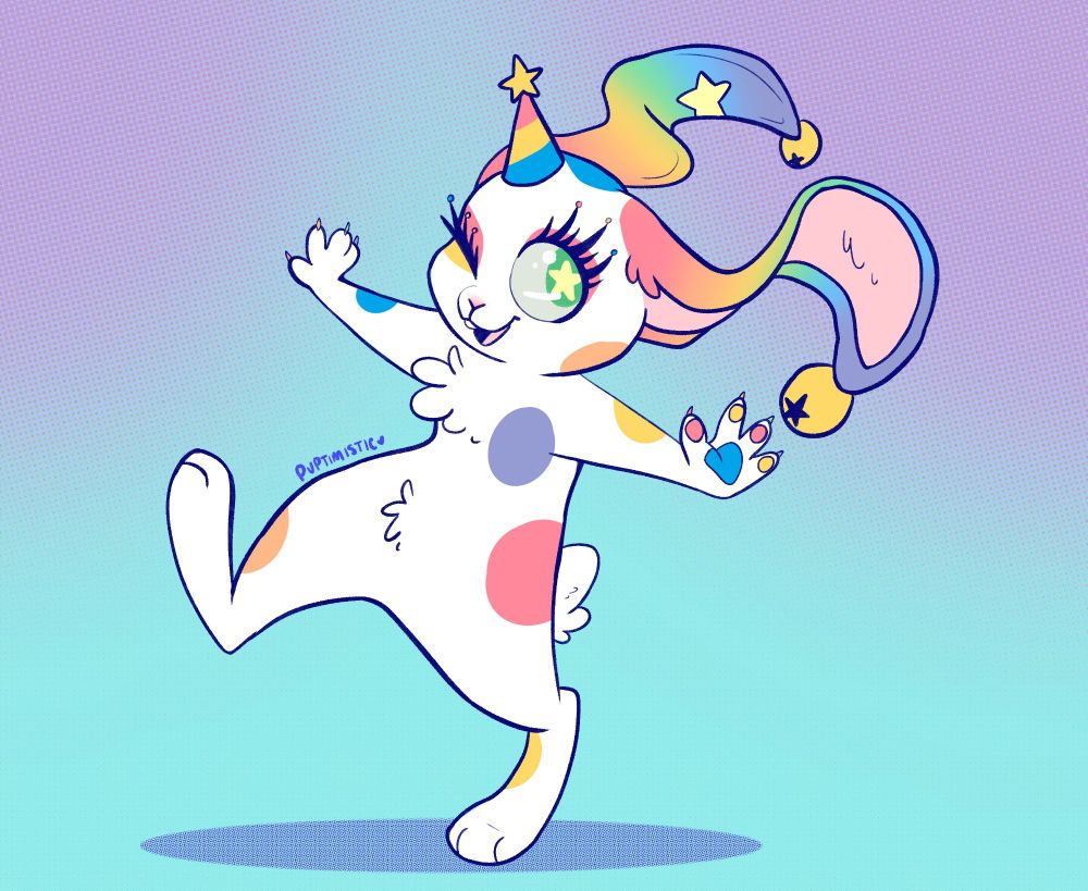 Cute drawing of an anthro rabbit. They have rainbow ears and spots, a tiny pointy hat and jingle bells in their ear tips. 