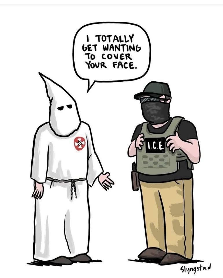 A Ku Klux Klanner sympathizes with an unknown fascist in a vest labeled 'ICE', presumably an ICE agent, saying "I totally get wanting to cover your face."