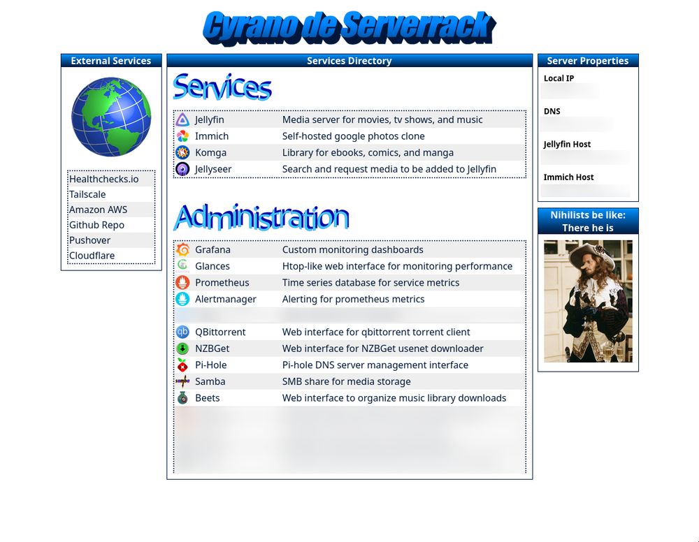 A "web-1.0" style website titled "Cyrano de Serverrack" with word-art, showing a directory of services hosted on a home server, such as jellyfin, immich, komga, jellyseerr, grafana, and more