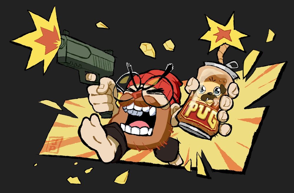 A man with a glock and a can of soda rigged as an explosive bursts aggressively out of a comic panel, gun's blazing.