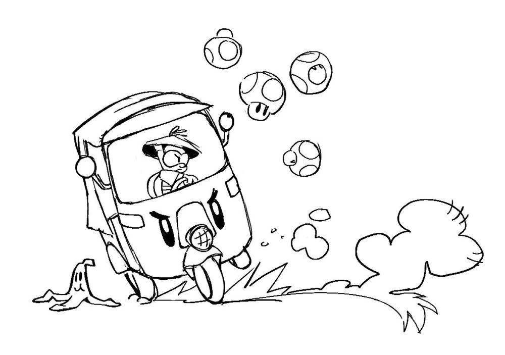 Lakitu drifting in a miniature van while mushrooms fly out from the car as he turns with an intense expression on his face. He's lock tf in. A banana lays in the path he's drifting towards...