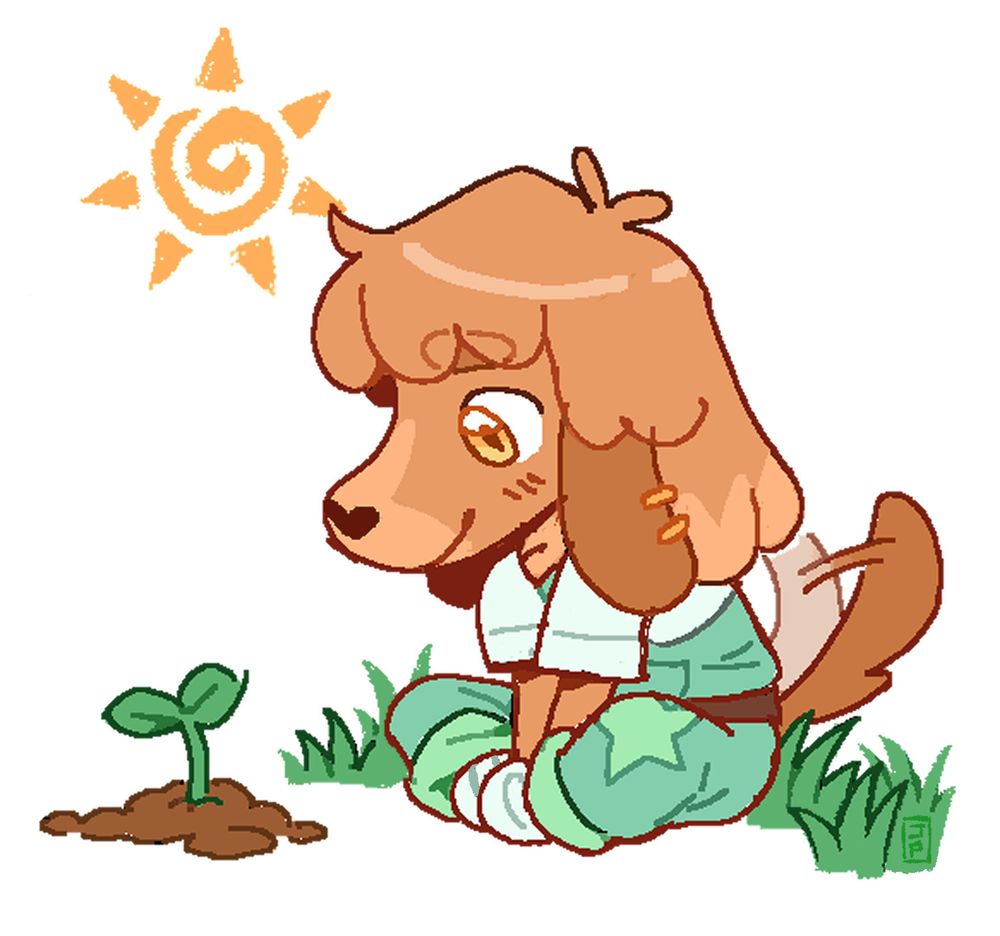 A chibi dog girl sits in the grass observing a small sprout growing from a dirt pile in front of her while a stylized sun floats over her head.