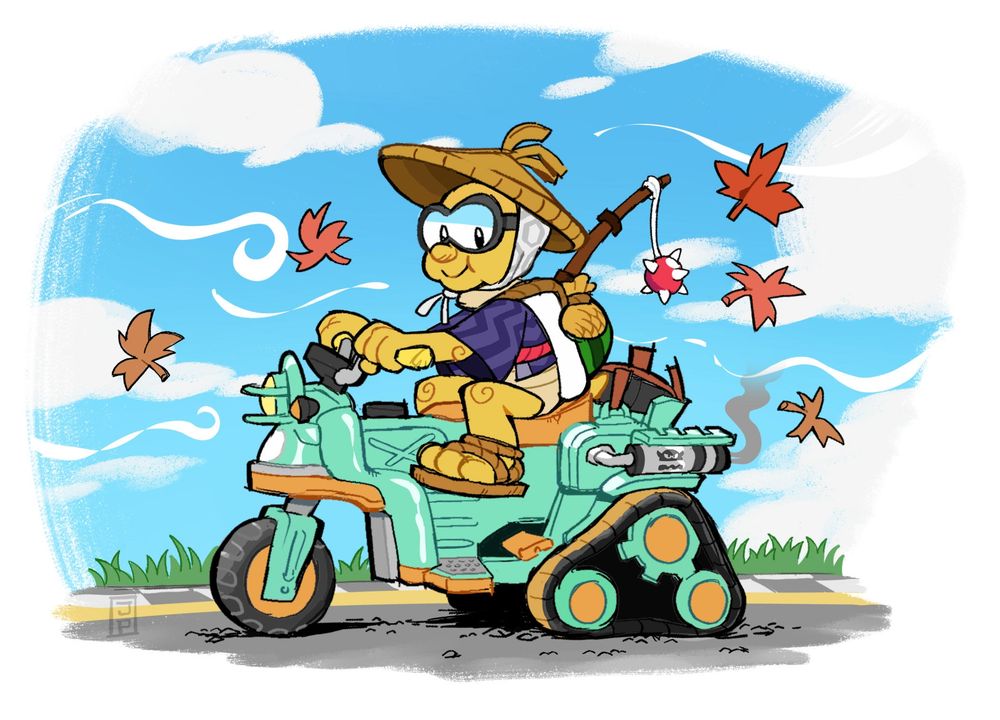 An illustration of Lakitu from Mario Kart World sitting idly on a motorcycle from the same game, with leaves blowing and a grassy field in the background.