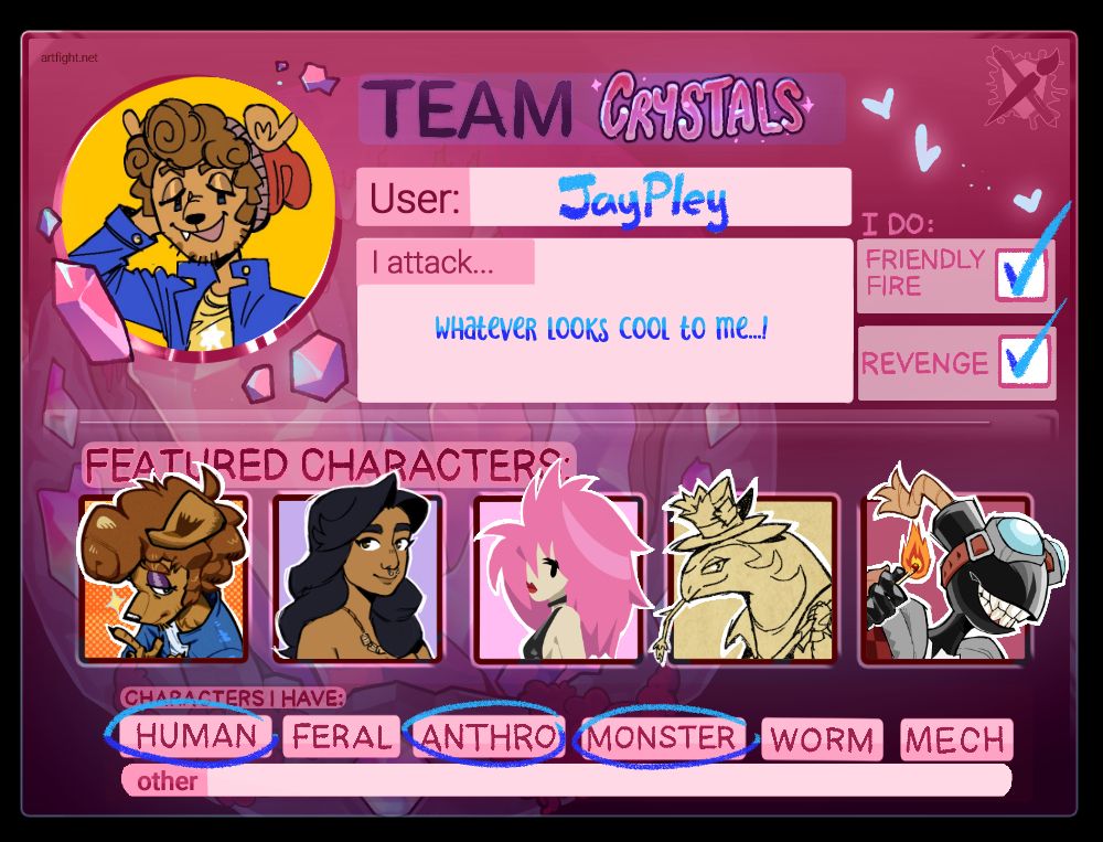 A card template featuring 5 of my personal characters for the competitive online art trading game, "Art Fight".