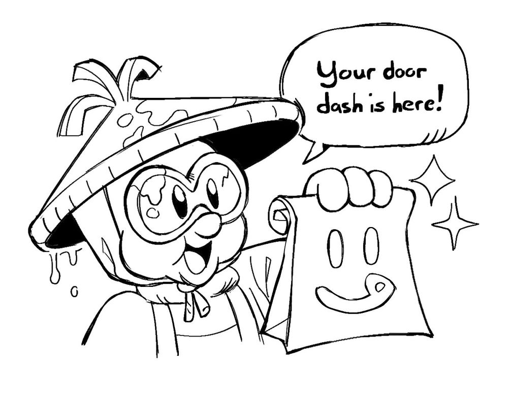A quick sketch/doodle of Lakitu from Mario Kart World holding up a food bag while stating in a text bubble "Your door dash is here!"