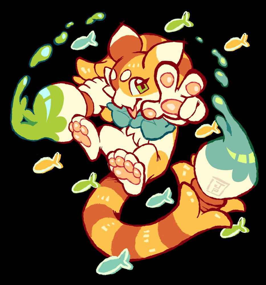 A digital drawing of user fourleafisland.art's sona/mascot character, Critter. The character is a fusion of several fictional and real creatures, including otters and various Pokemon. Paint tails and floating colorful fishes surround the character as they flash a peace sign toward the viewer.