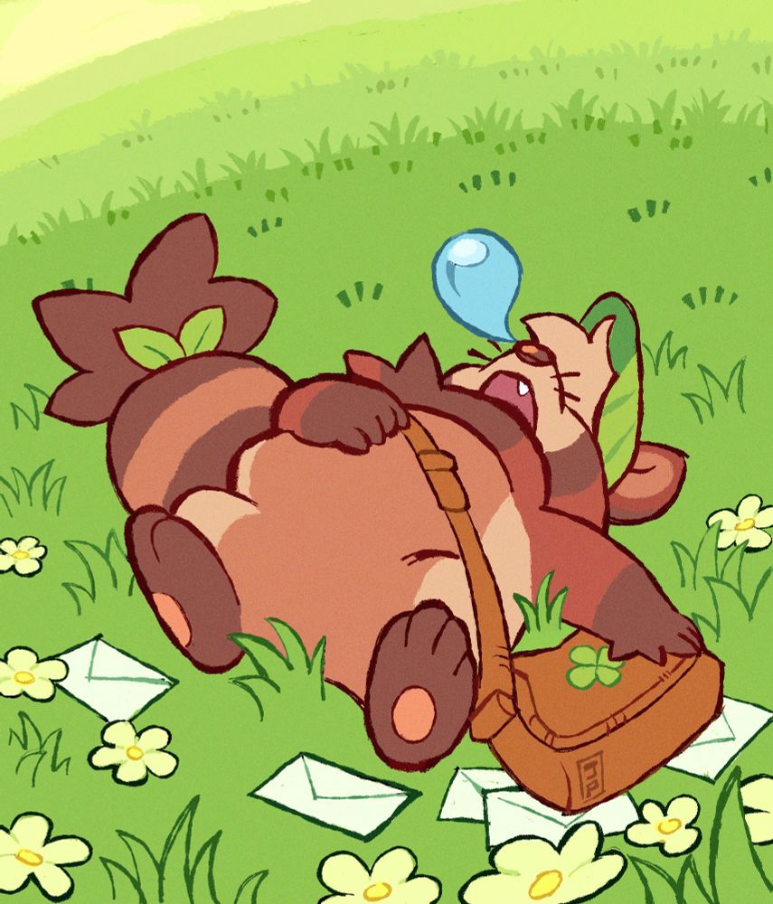 A cute chubby tanooki rests on a hill of green grass during a warm yellow orange sunrise/sunset with a bag of envelopes spilling out on the ground around him.