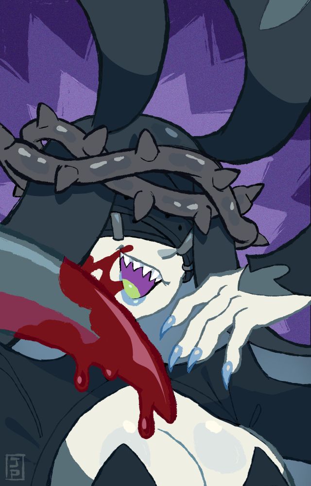 A bust shot drawing of a pale skinned woman with a manta ray hood and laughing maniacally, her blood covered pointy tail in the foreground of the image near the viewer. 