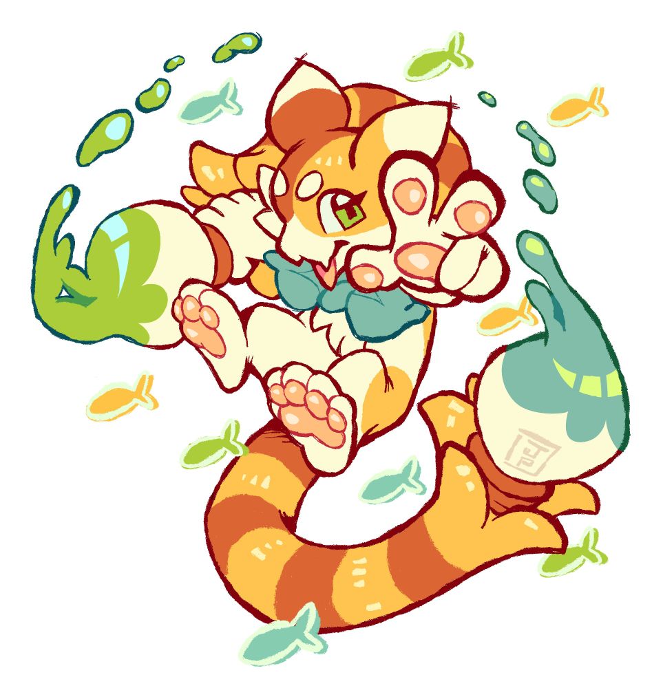 A digital drawing of user fourleafisland.art's sona/mascot character, Critter. The character is a fusion of several fictional and real creatures, including otters and various Pokemon. Paint tails and floating colorful fishes surround the character as they flash a peace sign toward the viewer.