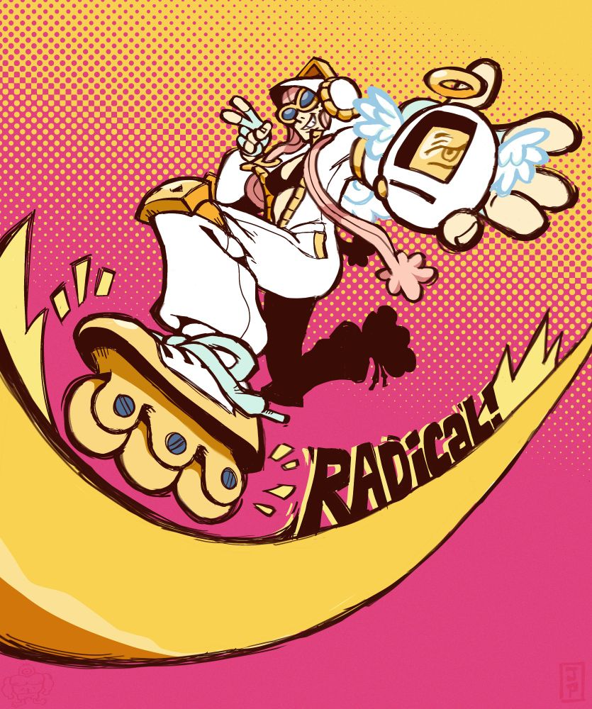 Girl in white hoodie with cute angel wings wearing roller skates while sliding on a golden yellow grind rail. Headphones, stylish sunglasses, holding a Tamagotchi with angel wings, a single eye on the Tamagotchi screen, and a halo hovering above it. Bright poppy saturated colors, mostly pink, yellows, and some light blues. Screen tone dots background. Stylized text that says "RADICAL" on the grind rail.