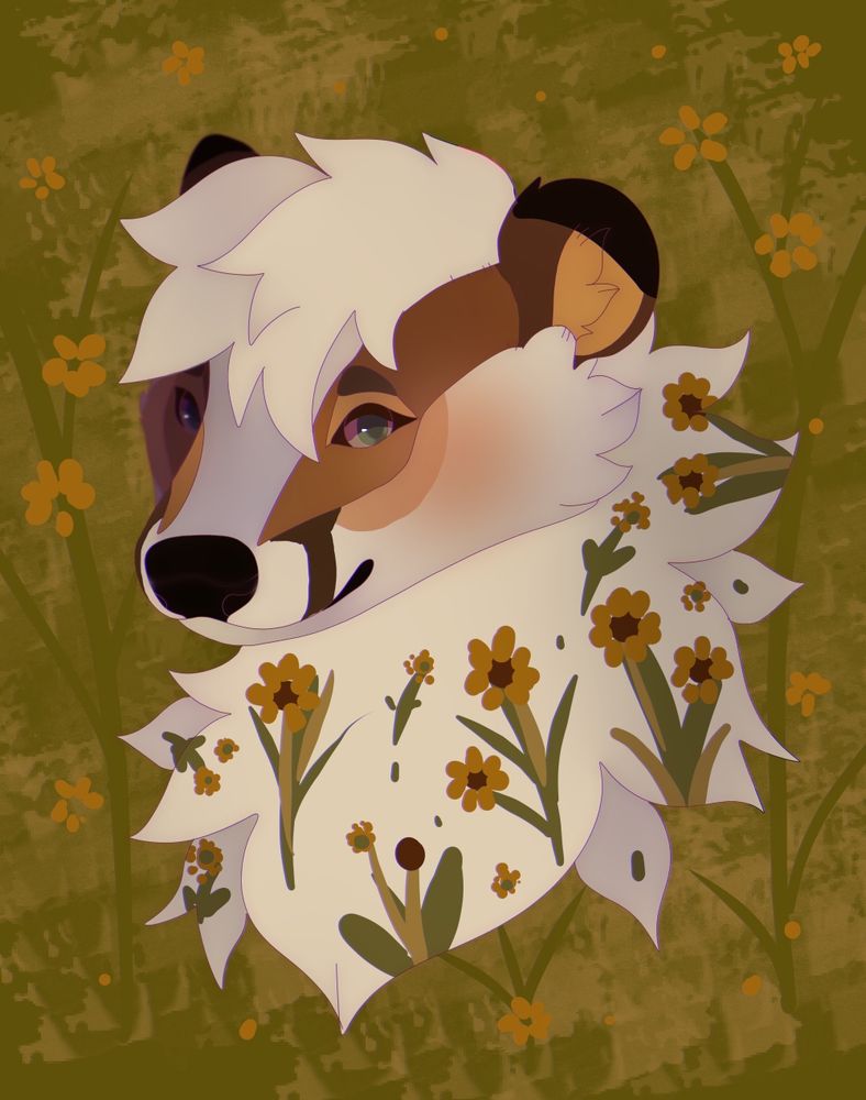 A headshot digital drawing of a brown and white badger with yellow flowers