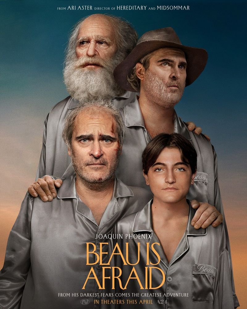 Movie poster for Ari Aster's "Beau is Afraid" (2023). It shows main character Beau four times, at four different stages of his life and the movie. 