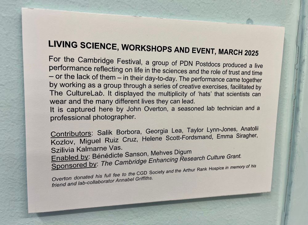 Sign with text: 
Living science, workshops and event, March 2025
For the Cambridge festival, a group of PDN postdocs produced a live performance reflecting on life in the sciences and the role of trust and time - or lack thereof - in their day-ro-day. The performance came together by working as a group through a series of creative exercises facilitated by the CultureLab.
