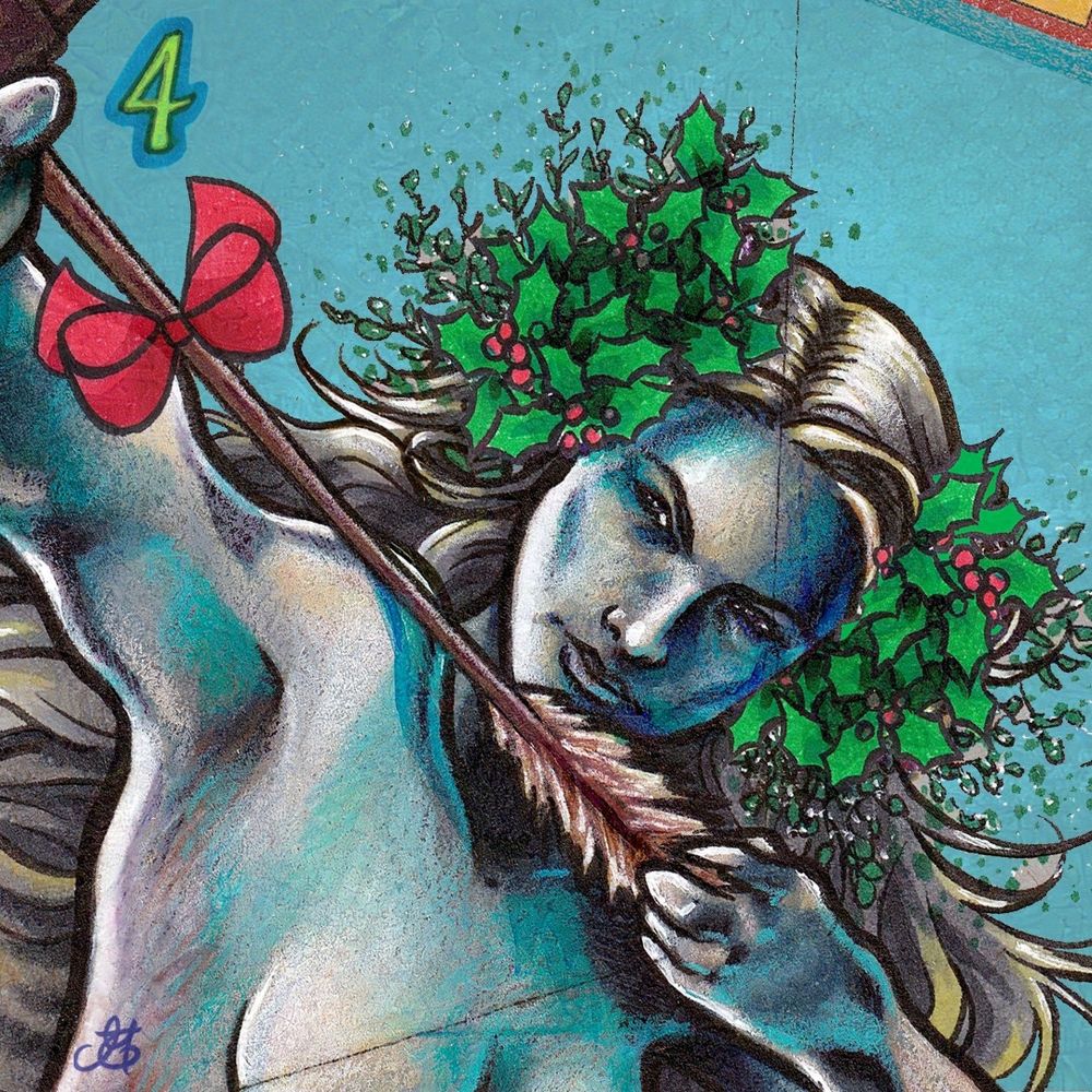 A woman wearing a crown made with Christmas plant leaves.