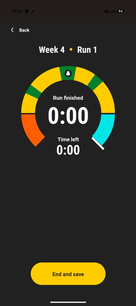 Screenshot of Couch To 5K Week 4 Run 1 showing a completed run.