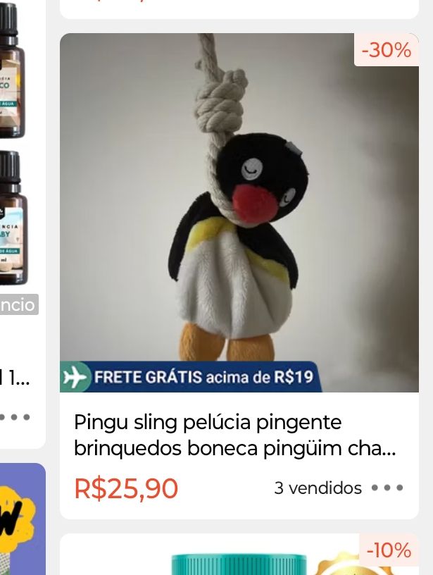 Bichinho de pelúcia do Pingu enforcado por R$25,90 na shopee 