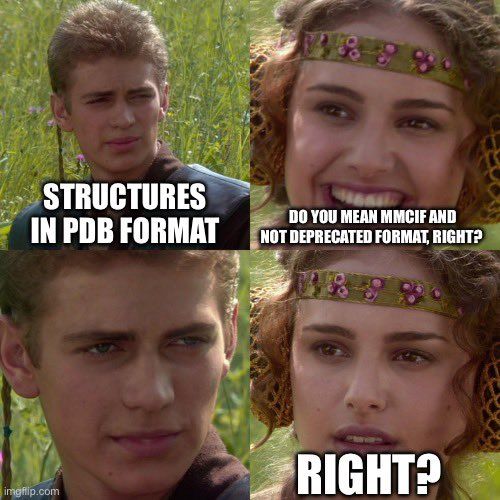 Him: Structures in PDB format
Her: Do you mean mmCIF and not deprecated format, right?
Him: 
Her: RIGHT?