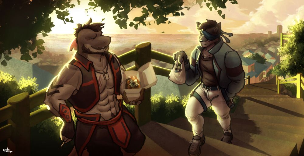 A sunset scene set in an urban setting. Two characters are featured on the foreground: an anthropomorphic shark eating takoyaki, and an anthropomorphic canine carrying a bag of soda cans. The shark, Zenith, is chuckling as he sees Jacob, the canine, finally reaching the top of the stairs, where he is. Jacob looks on at him, exasperated. Both figures are illuminated by the setting sun behind them, along with the fence Zenith is leaning on.
