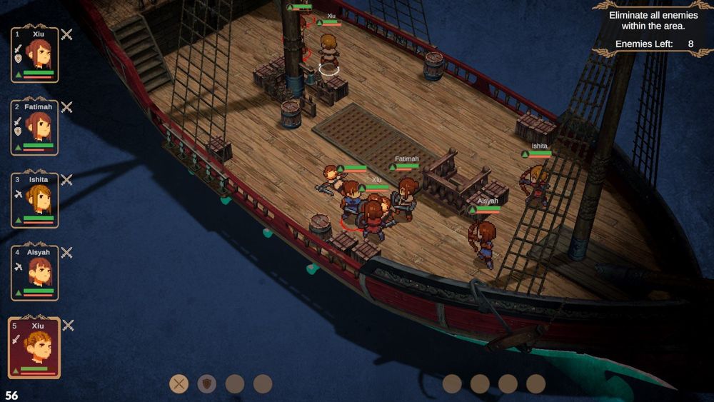 Screenshot from our game DESCENT where characters are 2D pixel sprits fighting on a 3D ship.