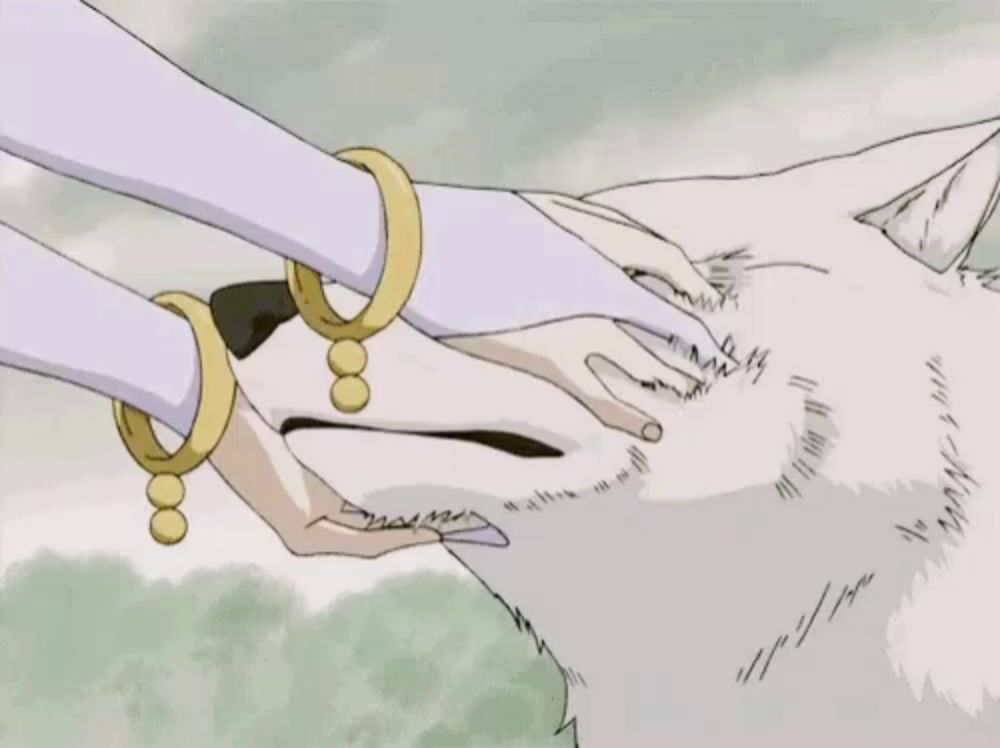 a cartoon drawing of a woman petting a wolf