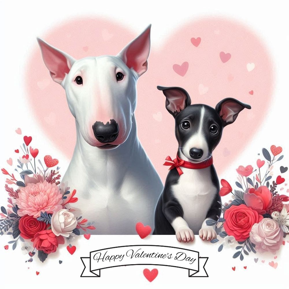 A white bull terrier and black and white puppy surrounded by flowers with a banner that says Happy Valentines Day
 