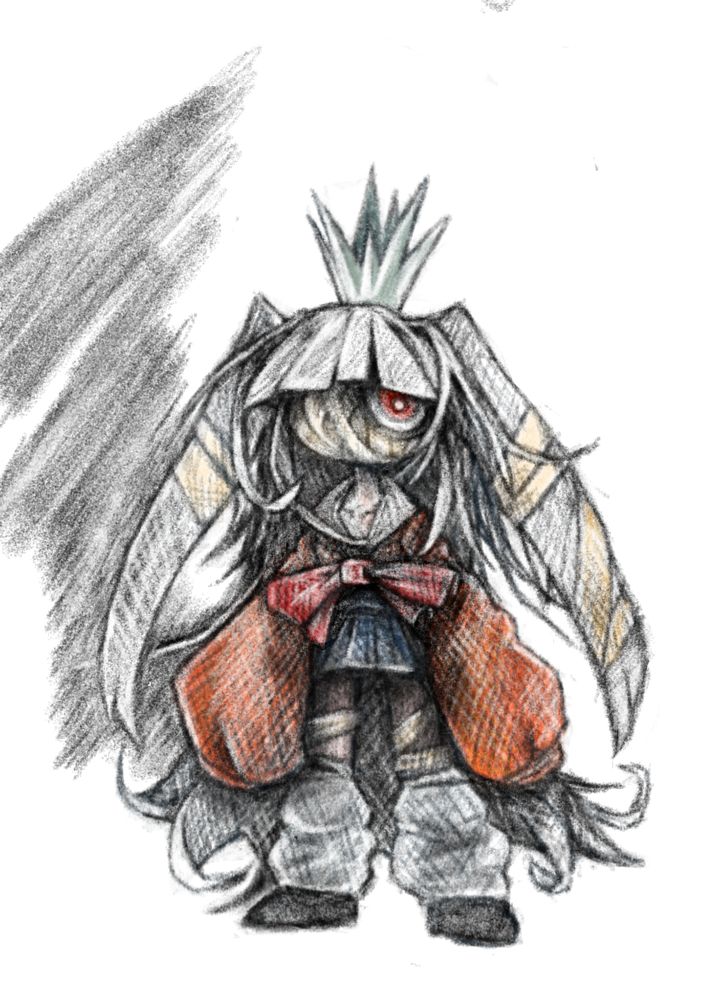 A rabbit character, covered in bandages, stands.  She has a slightly grey-ish green crown upon her head, and an un-readable expression.  This is likely due to the bandages which cover her entire face.  Including the crown, she is wearing: an orange cardigan with over-sized sleeves, grey slouch socks, a red ribbon, black shoes, and a blue skirt.  Her hair is long and wild, with the exception of her hime-cut bangs.