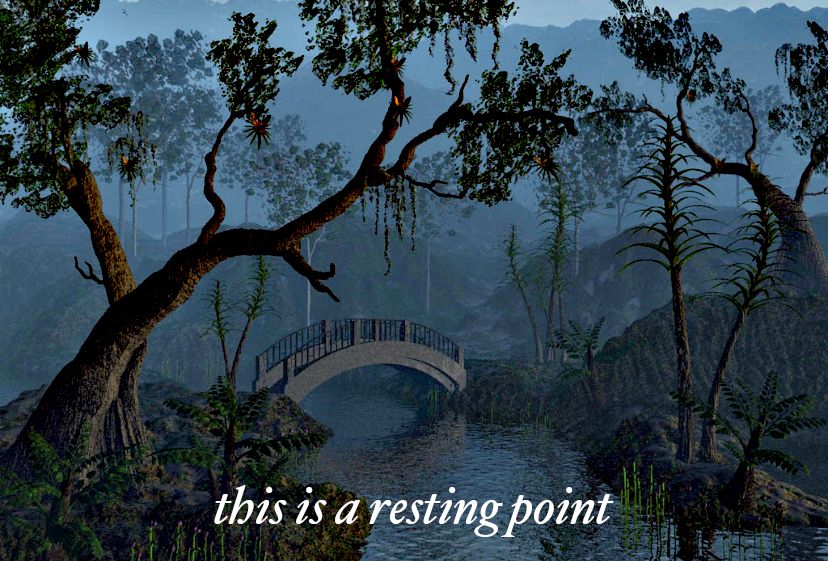 a small bridge and some nice trees with the text "this is a resting point"
