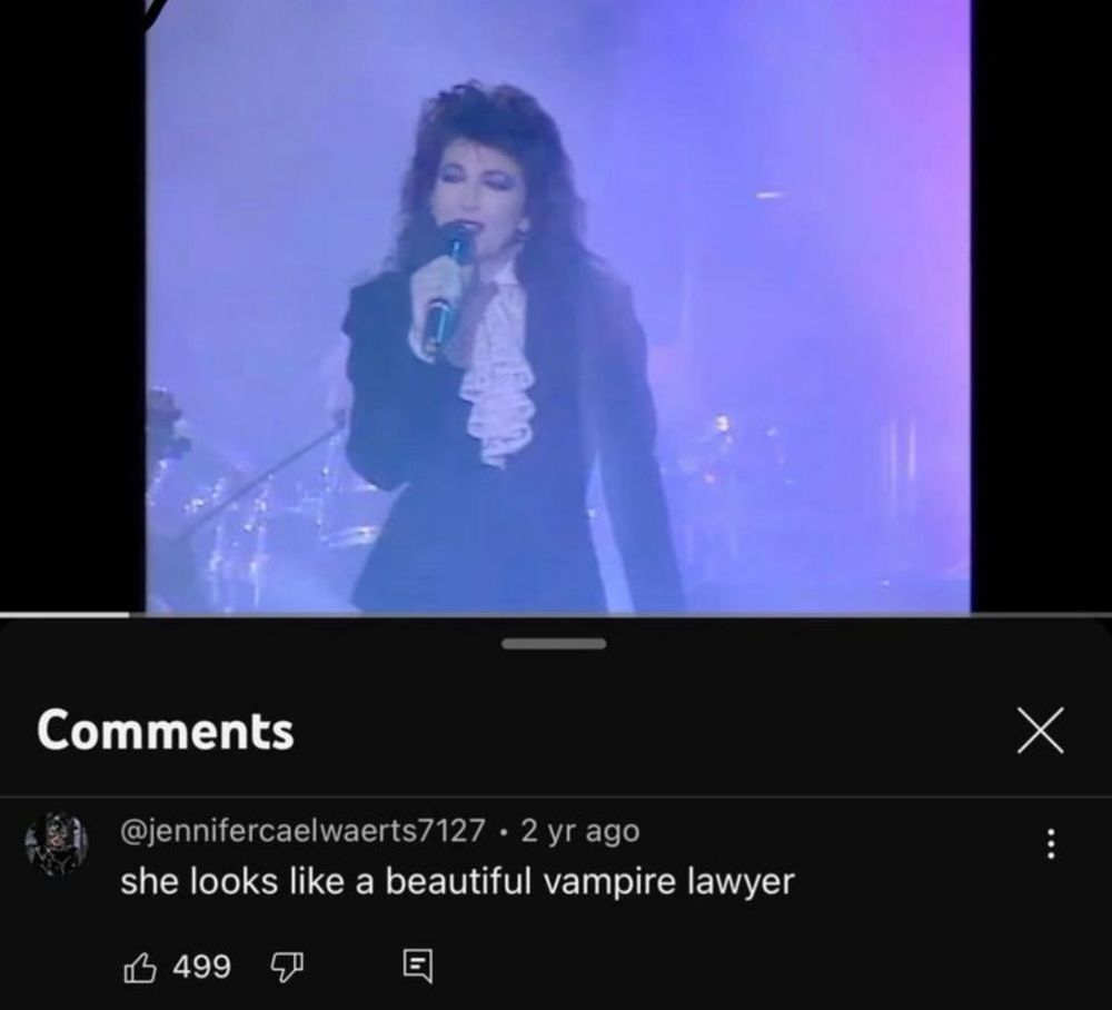 youtube comment screenshot - the video shows Kate Bush in a frilly type of outfit. the comment says "she looks like a beautiful vampire lawyer" - the comment has 499 likes and no dislikes