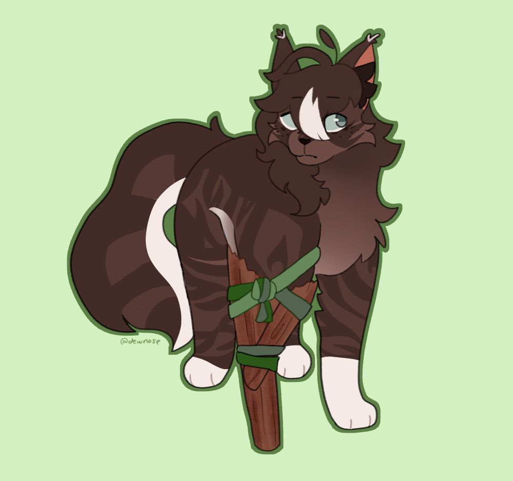 Digital art of a brown tabby cat oc with a prosthetic leg made of wood and grass ties 