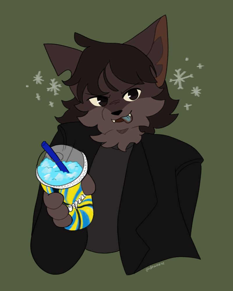 Digital art of a cat oc wearing dark clothing and holding a blue slushie with her tongue sticking out