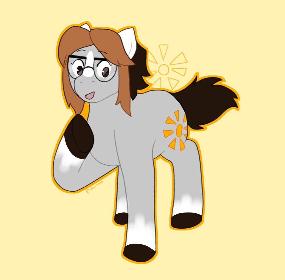Digital art of a gray pony oc with short brown & black hair, glasses, and a sun cutie mark.