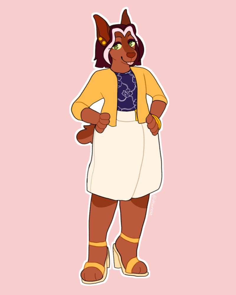 Digital art of an anthro Doberman oc. She is wearing a yellow cardigan, blue top, white skirt, and gold sandals. 