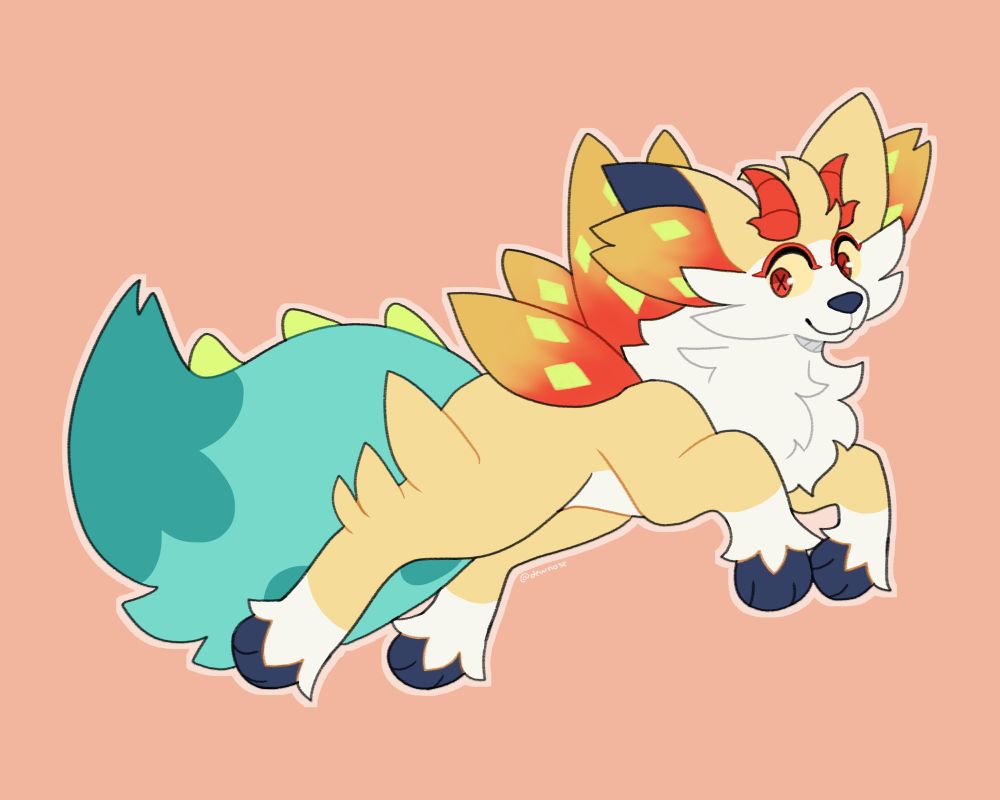 Digital art of a fennekin/slither wing Pokémon oc, jumping in the air