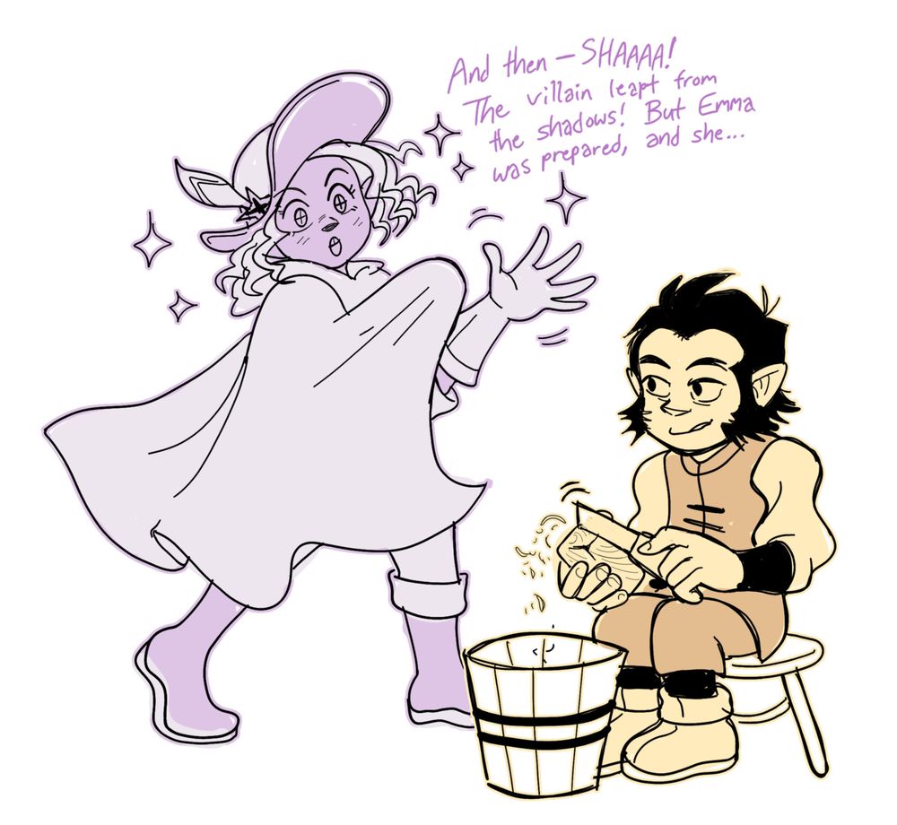 d&d characters - a gnome, Shatlin, is whittling while listening to his fellow party member Nova the half-drow bard telling a story