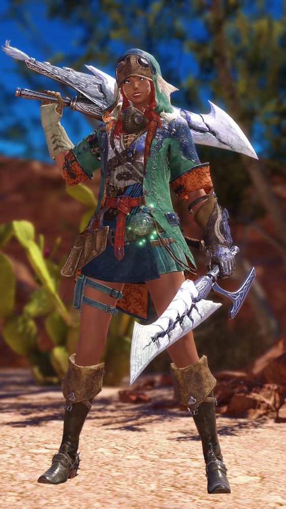 Eirika grins, twinblade in each hand. One rests atop her shoulder, the other resting just by her hip. She wears the iconic hunter gear from MH Wilds, a jacket adorned with leather and belts, a high skirt fashioned with pouches. She stands in Shaaloani, desert cacti and tree behind her.