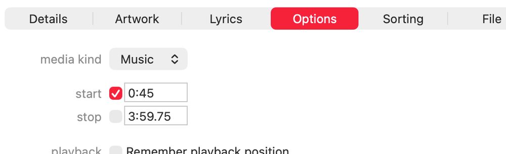 Screenshot of Options tab showing start and stop time fields.