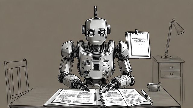 Monochrome AI drawing of a robot looking at manuscript pages laid on a desk.