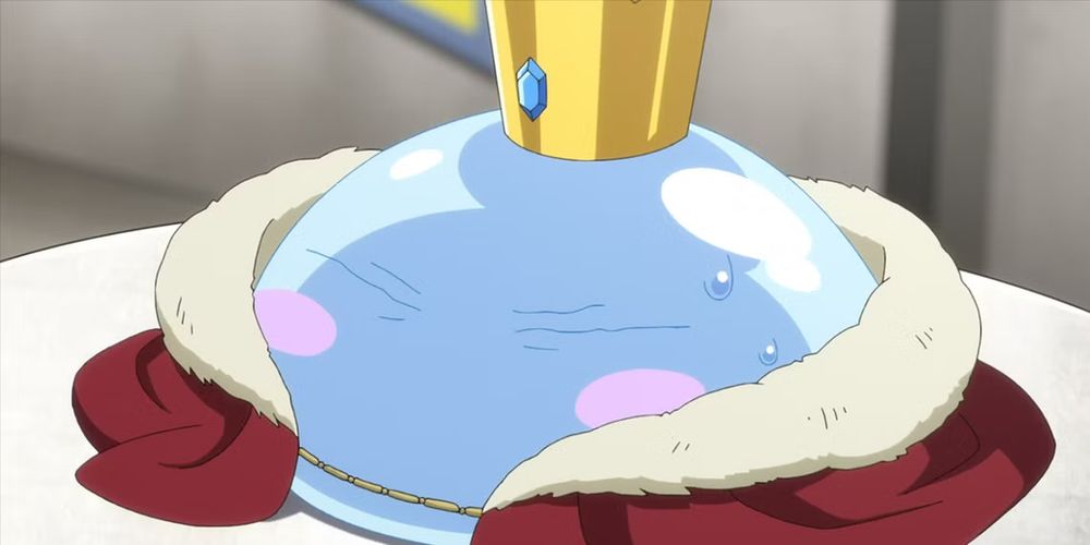 An anime screenshot of a small blue slime monster monster wearing a crown and king's robe, blushing and sweating