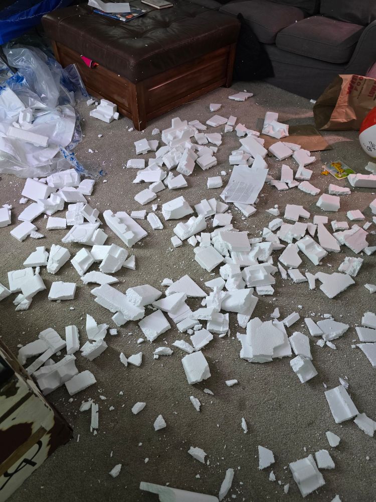 A carpeted floor covered in hundreds of pieces of Styrofoam.