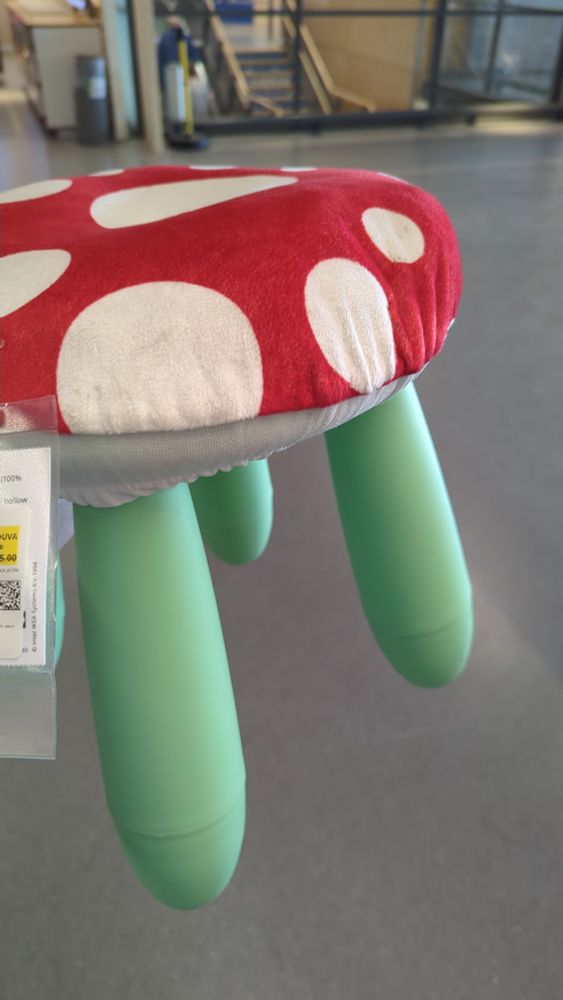 A little green plastic stool with a toadstool themed cover. The stool is being held up so the legs can be seen. 