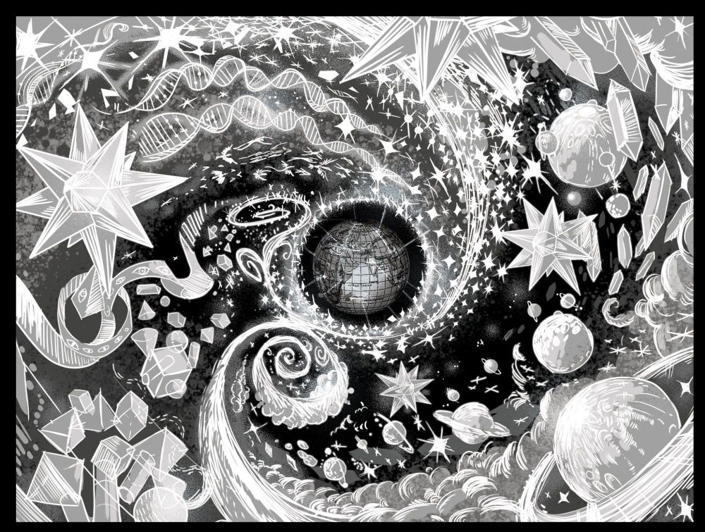 A big swirly pretty mess in black and white im trying to draw magic but it's hard. There's shapes and stars and crystals and little spirits around a globe 